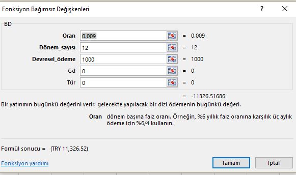 Bugünkü değer excel çözüm ekranı