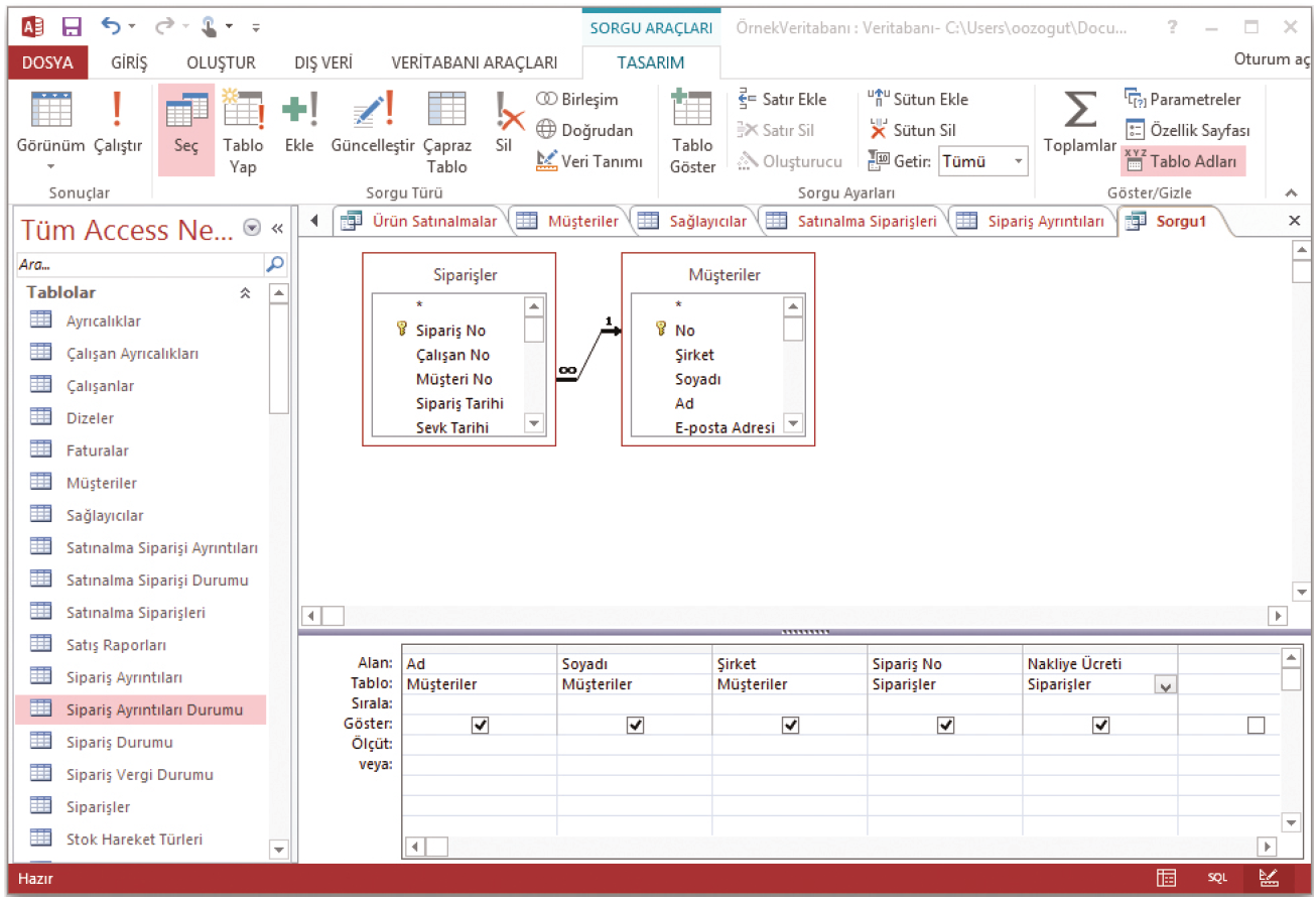 Access veritabanı seçme sorgusu oluşturma ekranı